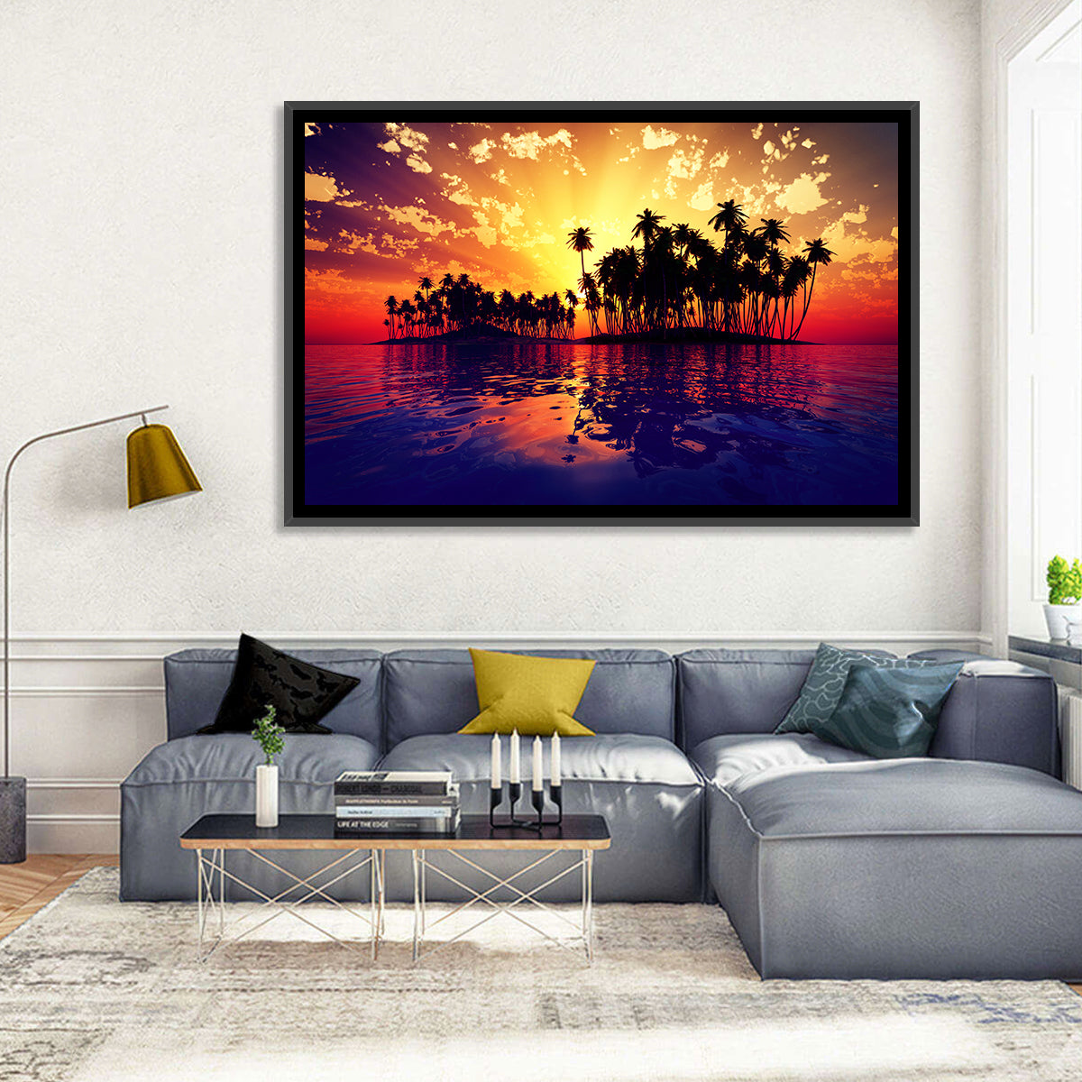 Coconut Island Sunset Wall Art in a room, landscape