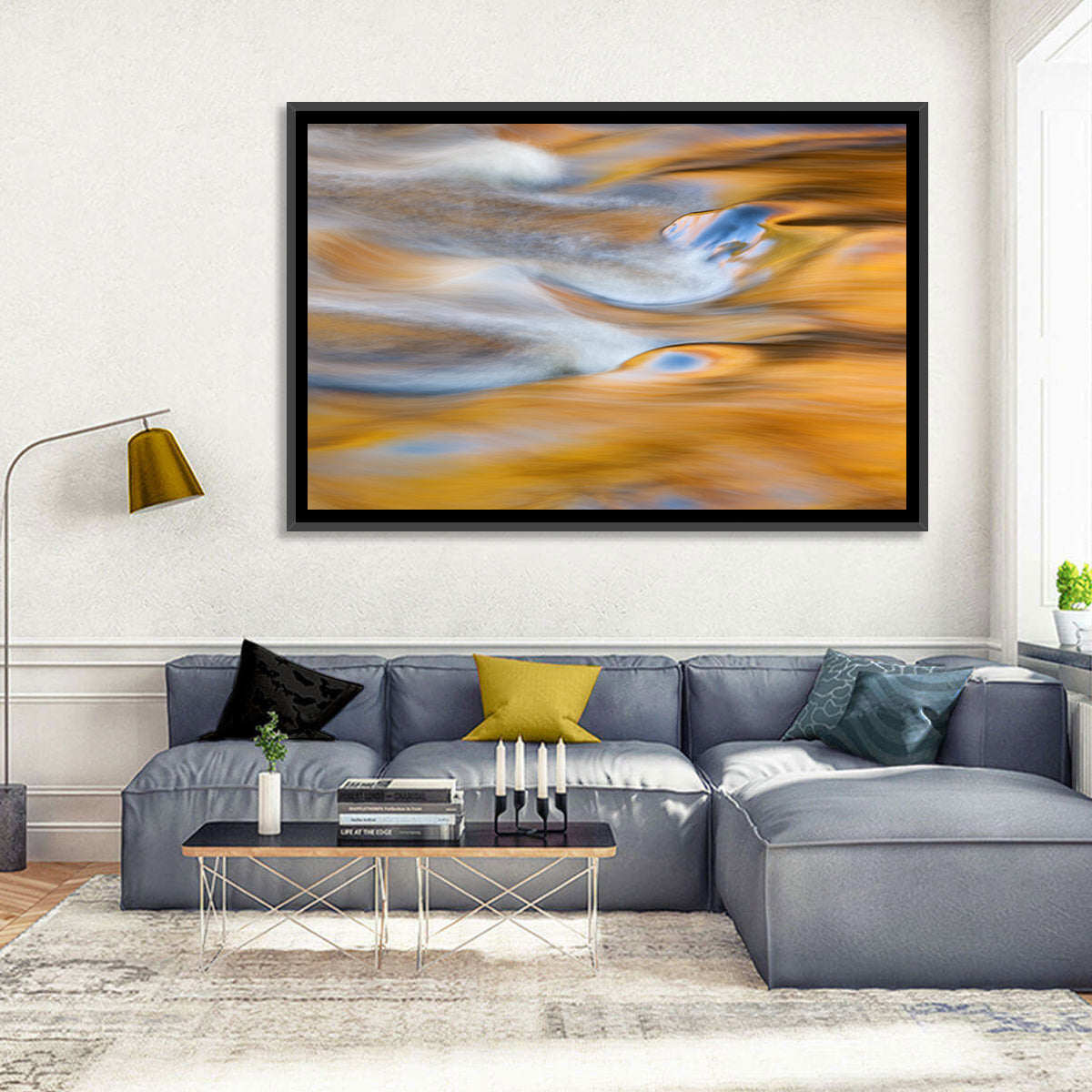 Golden Water Abstraction Wall Art in a room, landscape