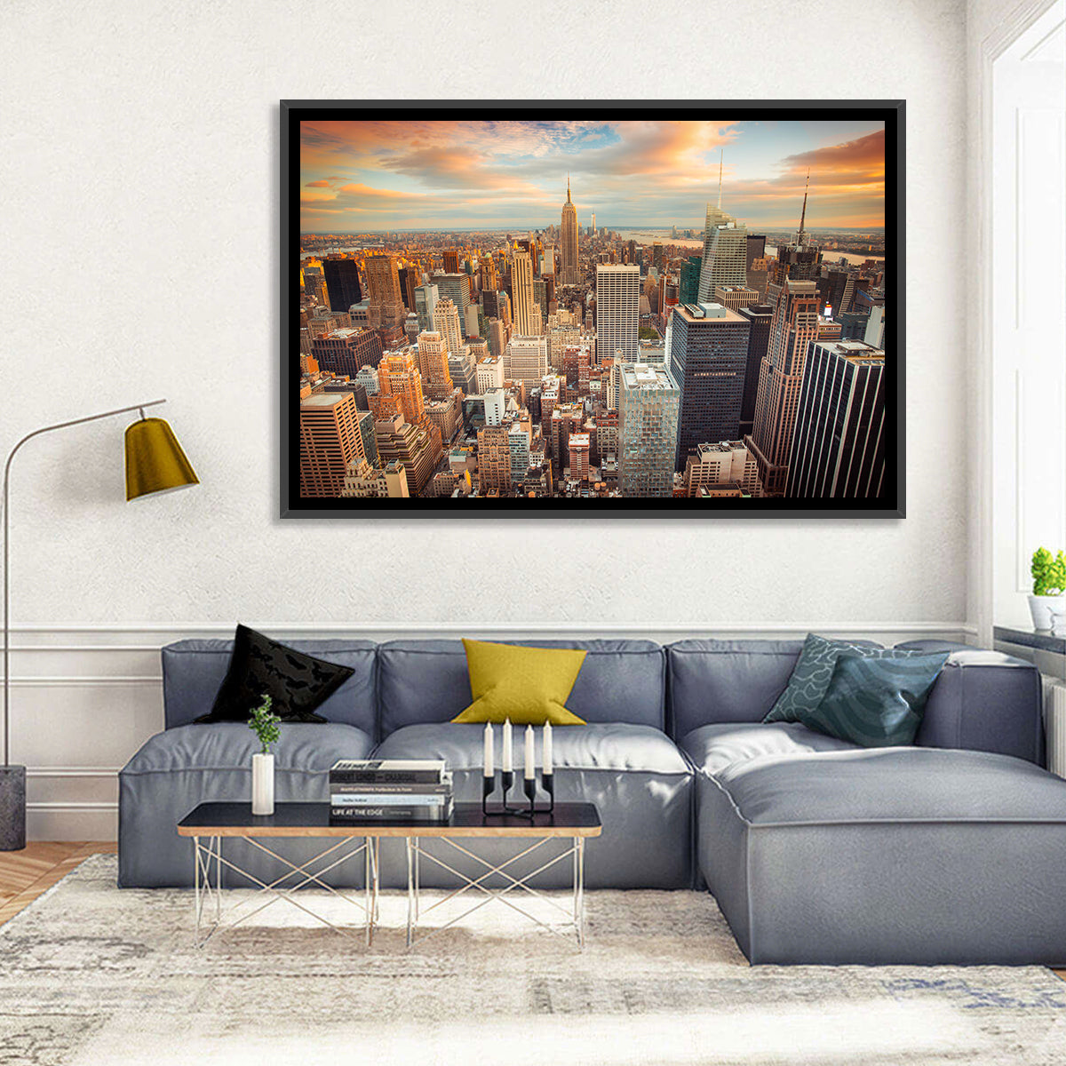 Midtown Manhattan Skyline at Sunset Wall Art in a room, landscape