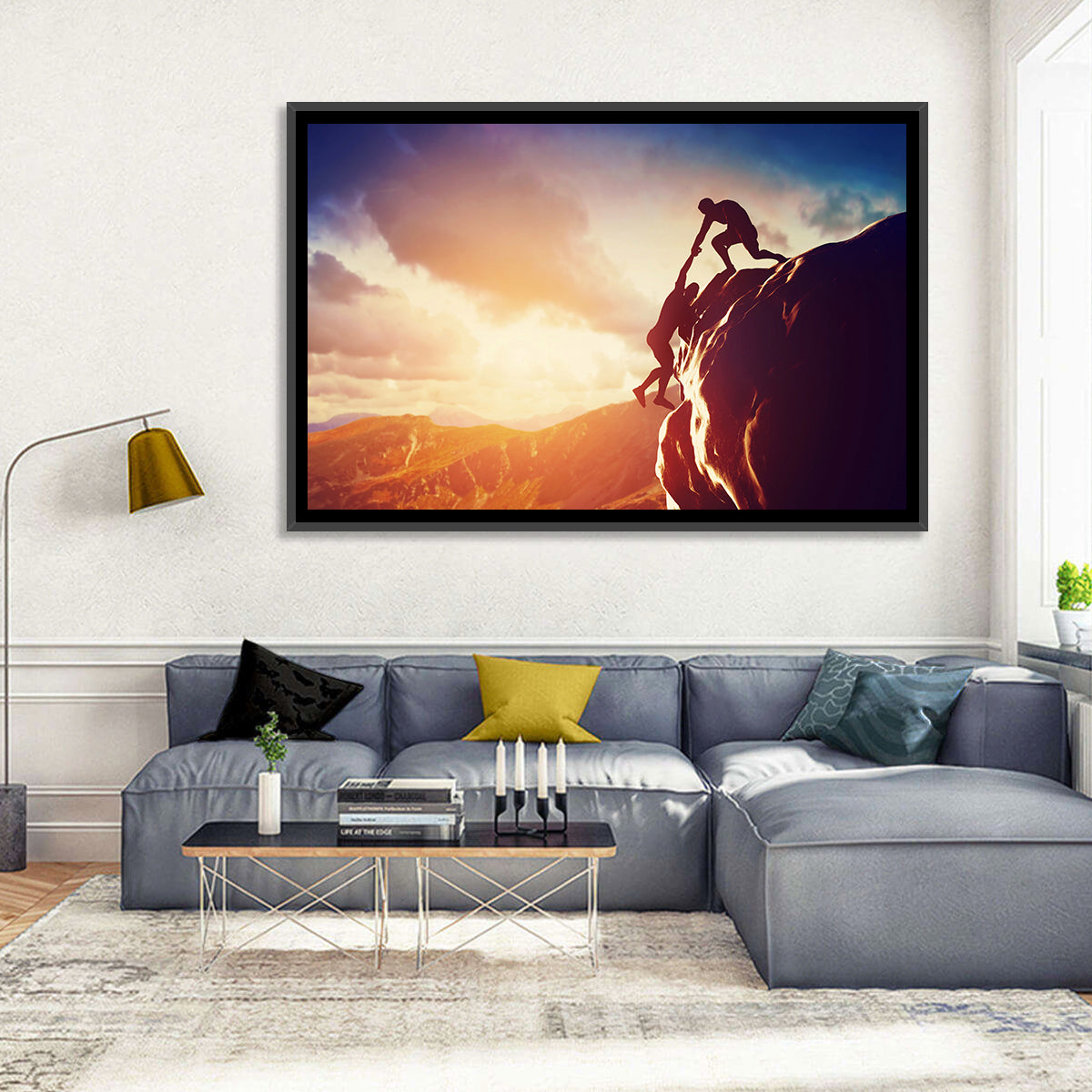 Two Hikers Summit Assist at Sunset Wall Art