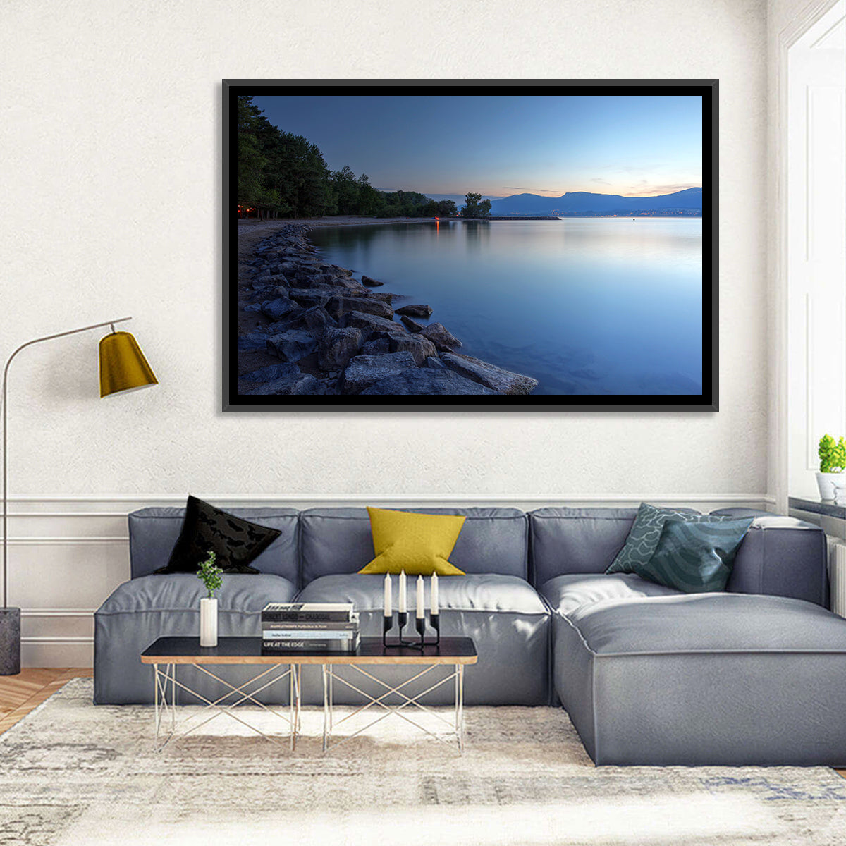 Lake Neuchatel Twilight Wall Art in a room, landscape