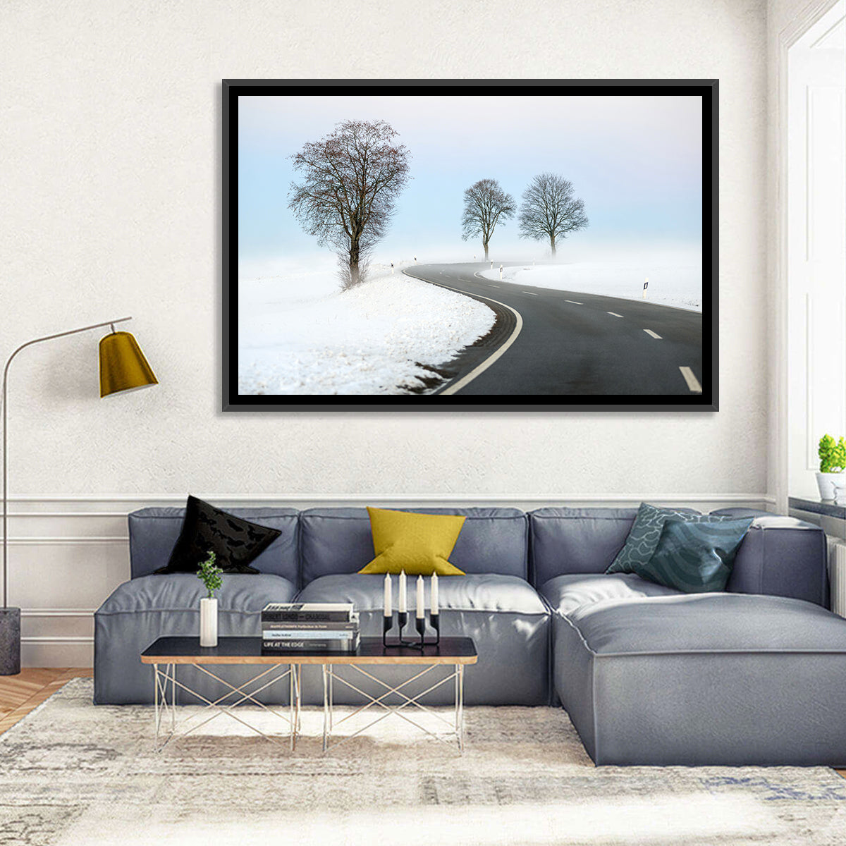 Foggy Winter Road Wall Art in a room, landscape
