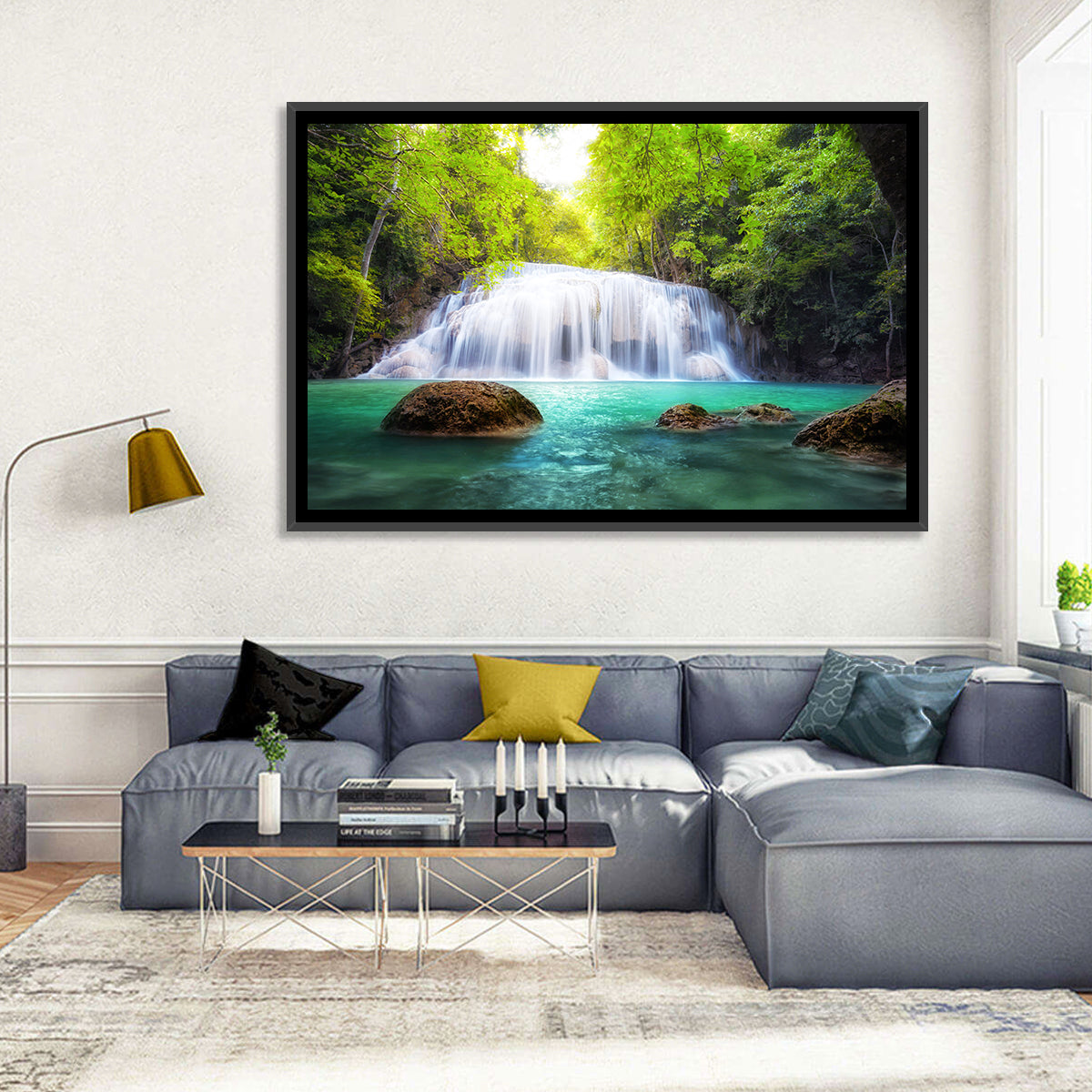 Erawan Falls Turquoise Waterfall Wall Art in a room, landscape