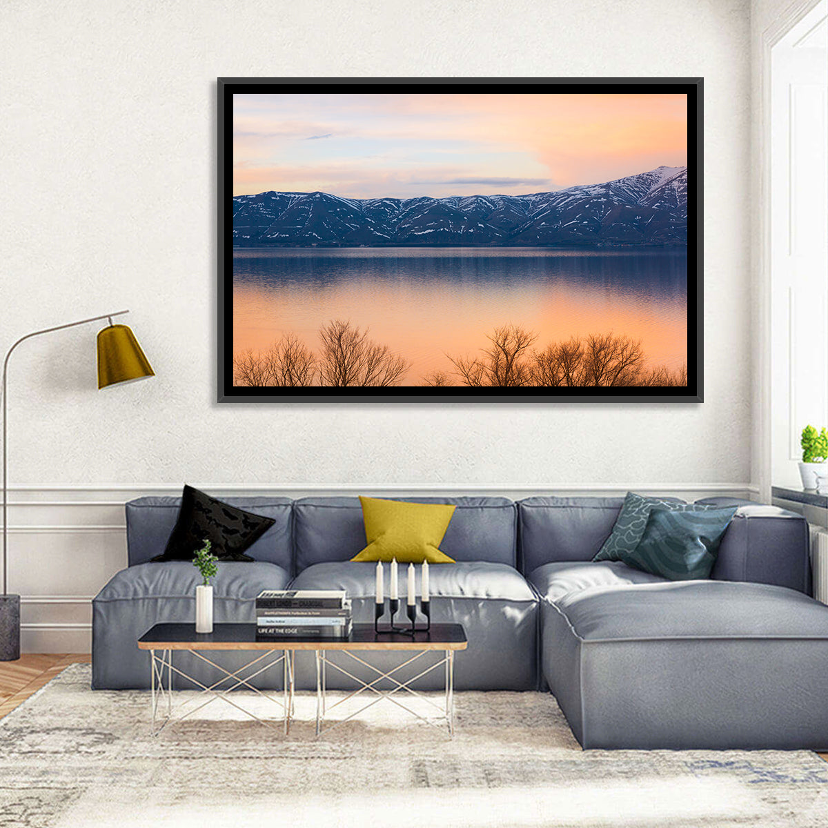Lake Sevan Golden Dusk Wall Art in a room, landscape