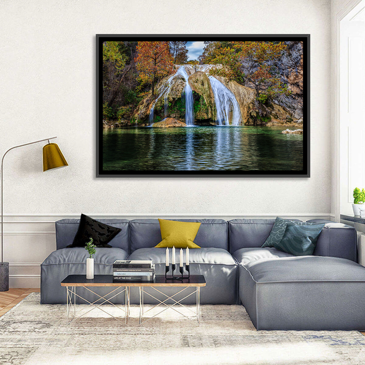 Turner Falls Waterfall Wall Art in a room, landscape