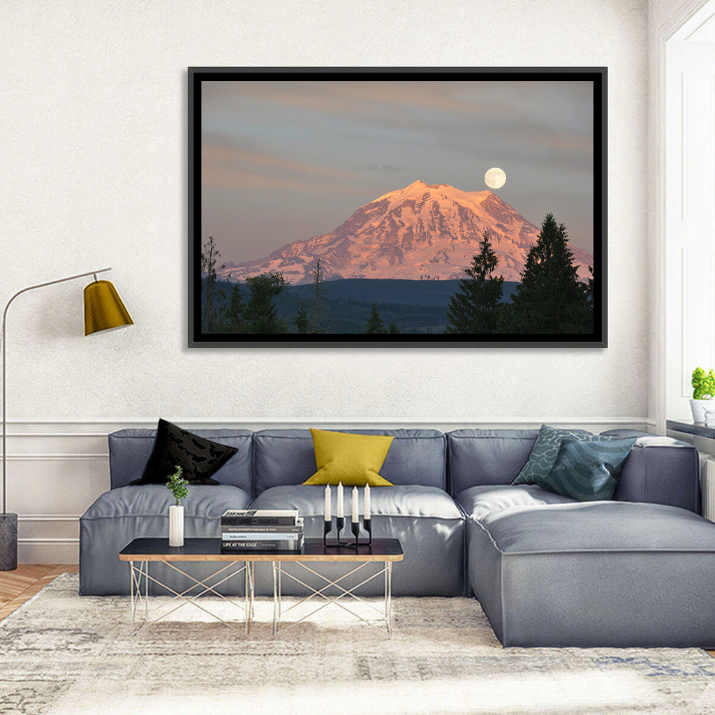 Mount Rainier Alpenglow with Full Moon Wall Art