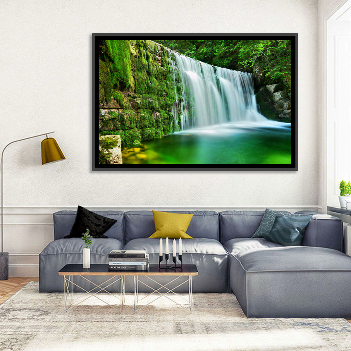 Emerald Lake Cascade Wall Art in a room, landscape