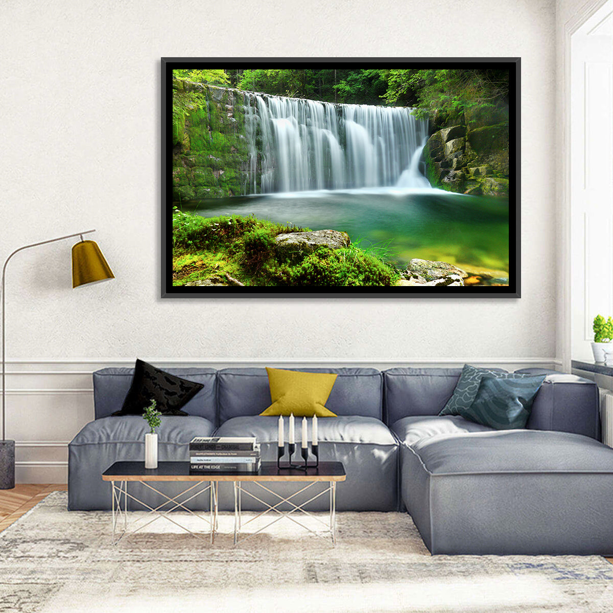 Emerald Forest Waterfall with Mossy Stones Wall Art