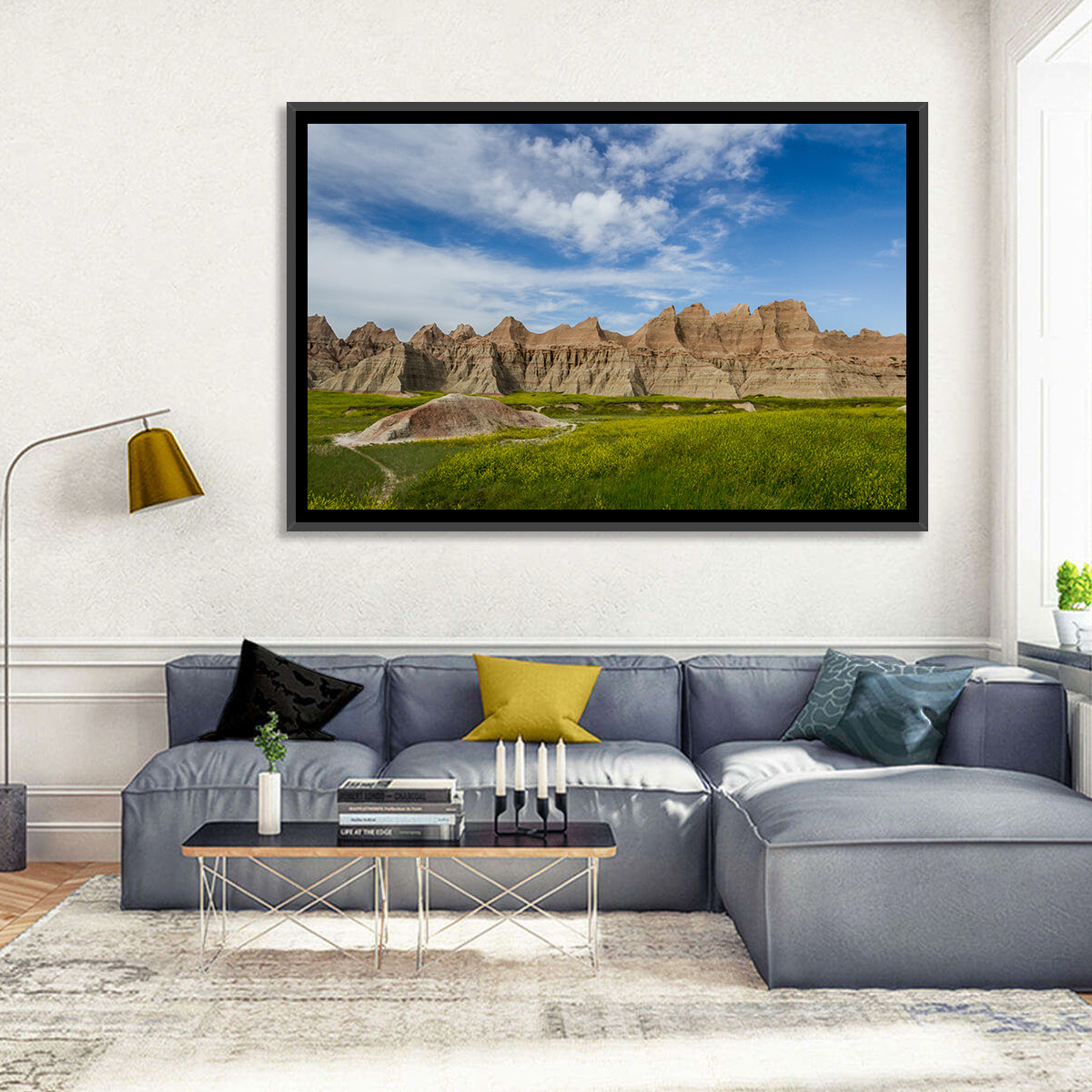 Badlands Meadow and Rock Formations Wall Art in a room, landscape