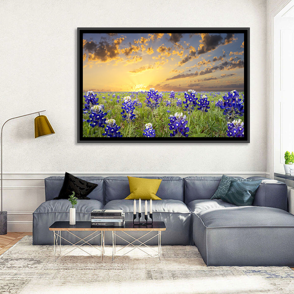 Bluebonnet Field at Sunset Wall Art in a room, landscape