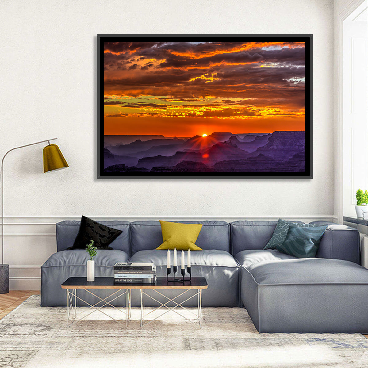 Lipan Point Sunset Sunburst Wall Art in a room, landscape