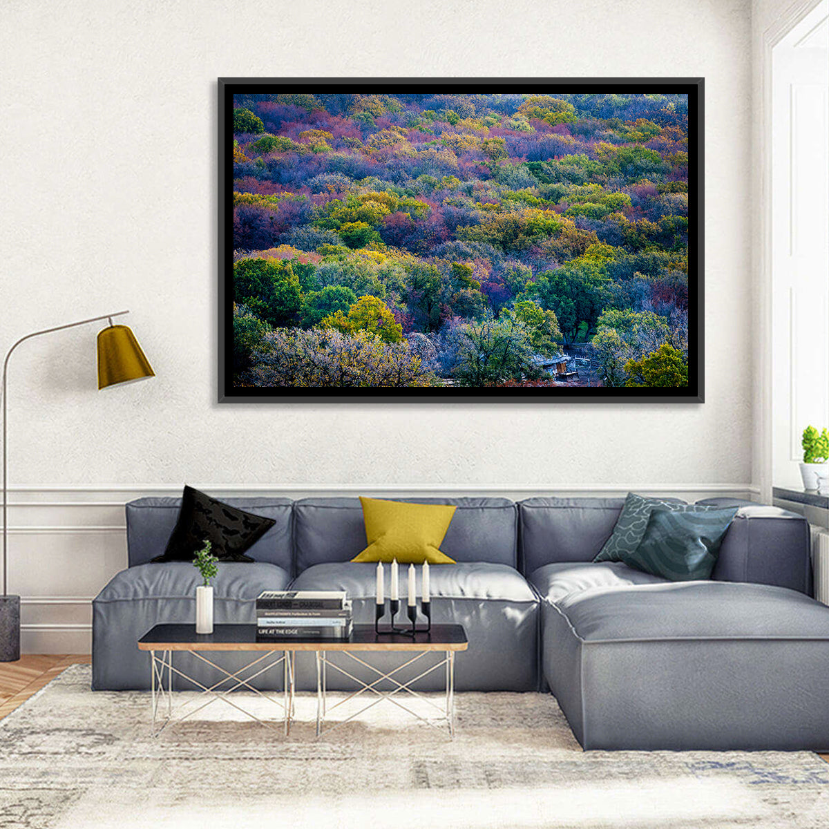 Autumn Canopy Forest with Cabin Roof Wall Art