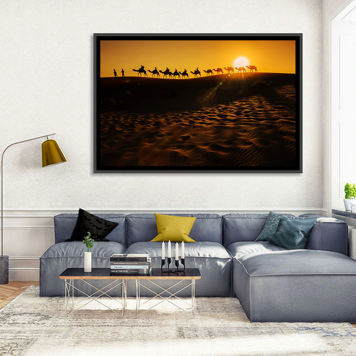 Camel Caravan Silhouette at Golden Sunset Wall Art