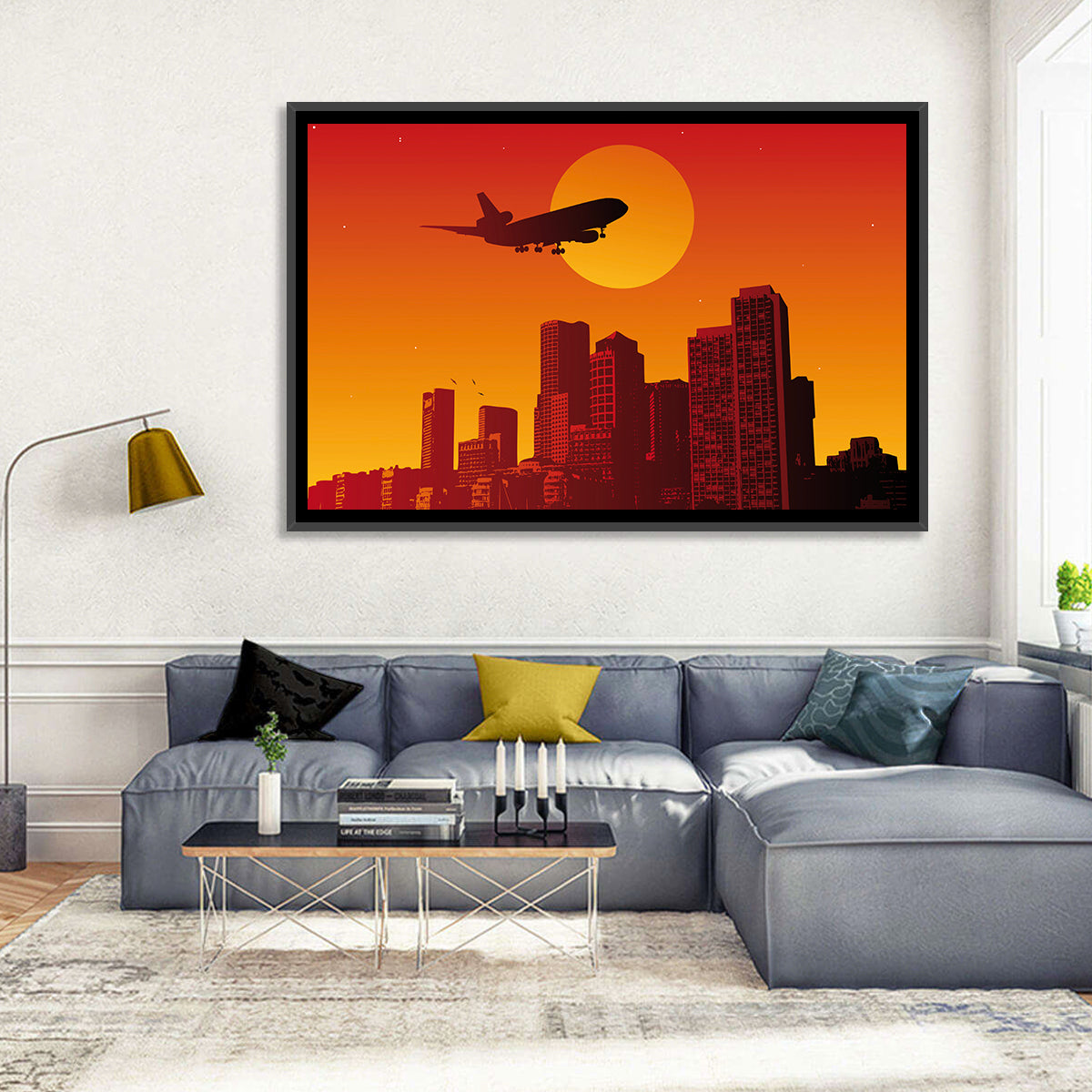 Tri Jet Sunset Skyline Wall Art in a room, landscape