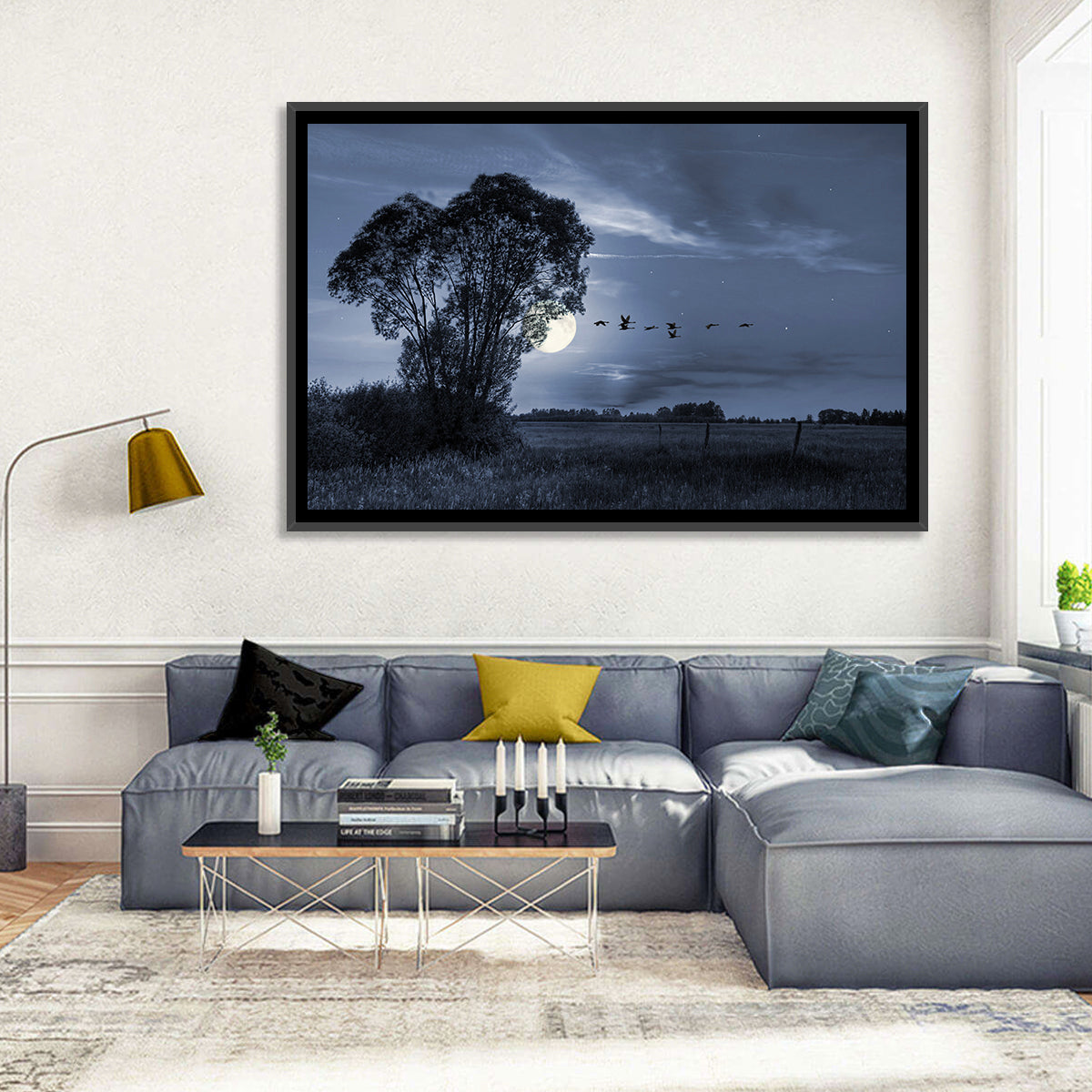 Moonlit Birds Over Quiet Field Wall Art in a room, landscape