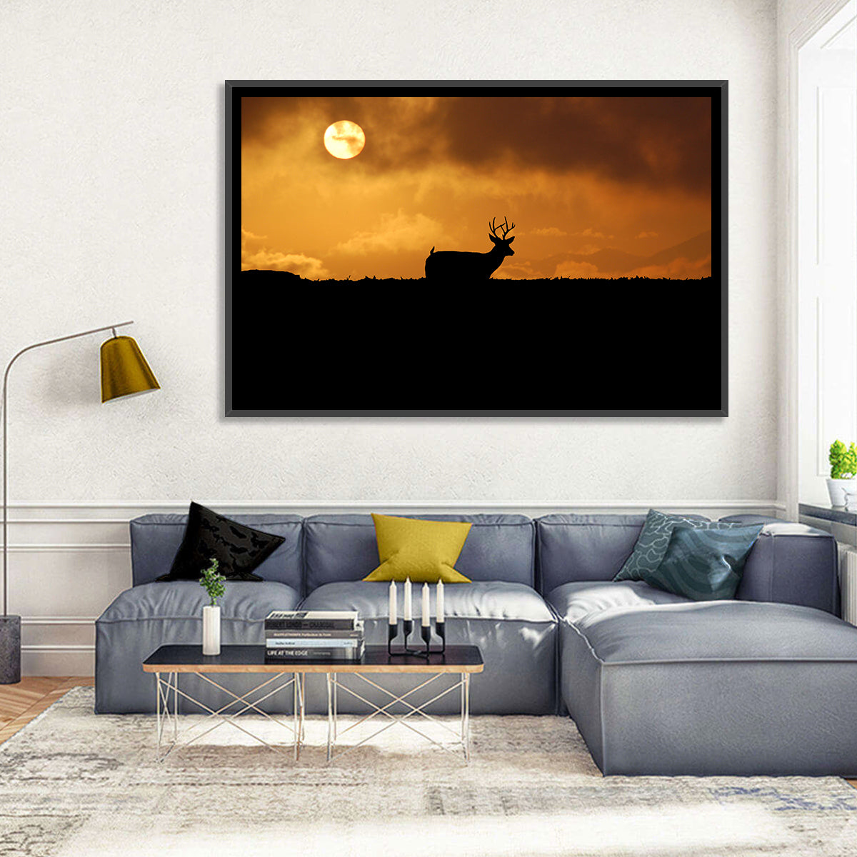 Deer at Sunset Wall Art in a room, landscape