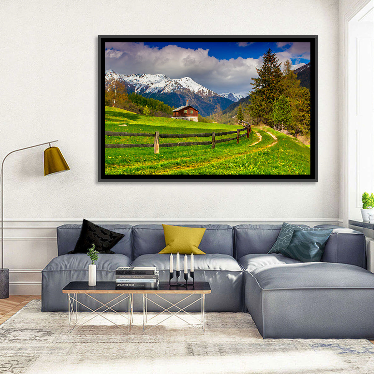 Alpine Meadow Cabin, Swiss Alps Wall Art in a room, landscape
