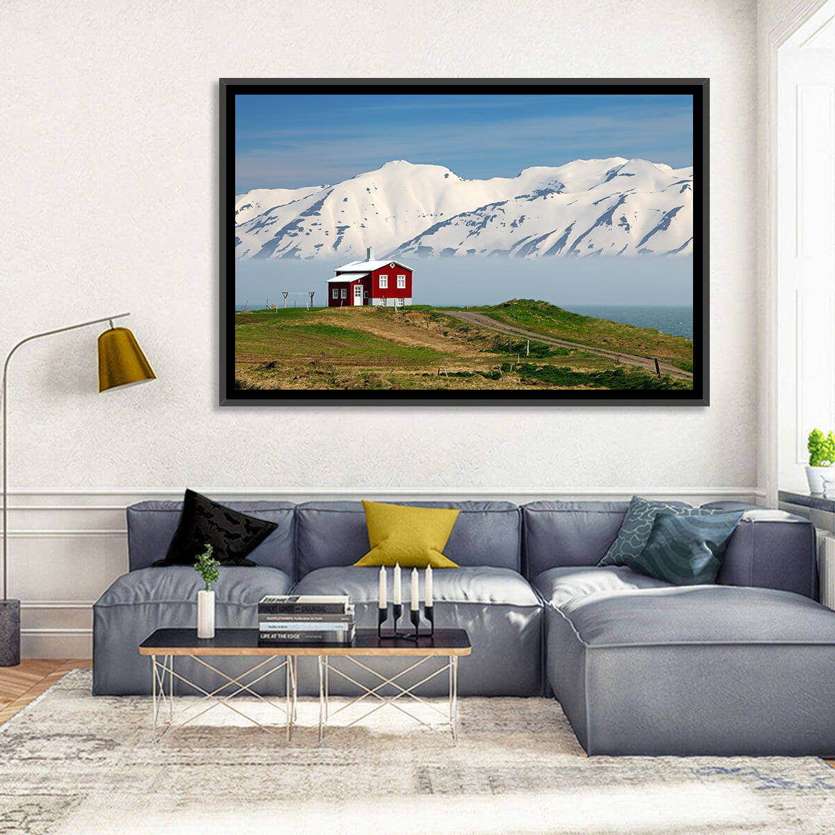 Red House by Fjord Wall Art in a room, landscape
