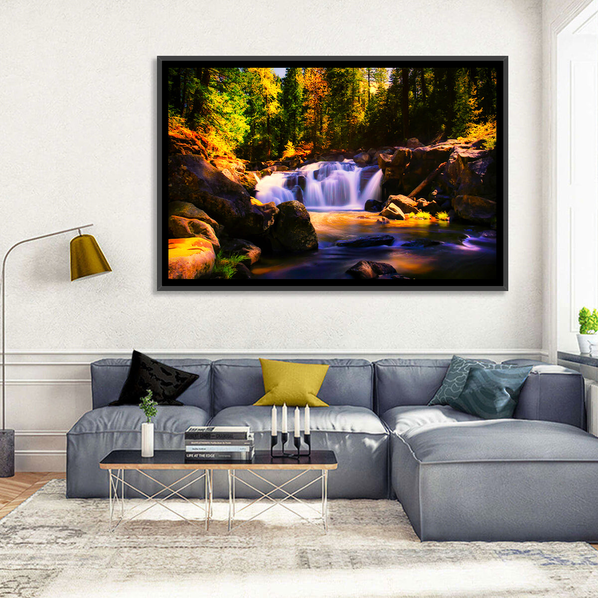 Autumn Mountain Waterfall Wall Art in a room, landscape