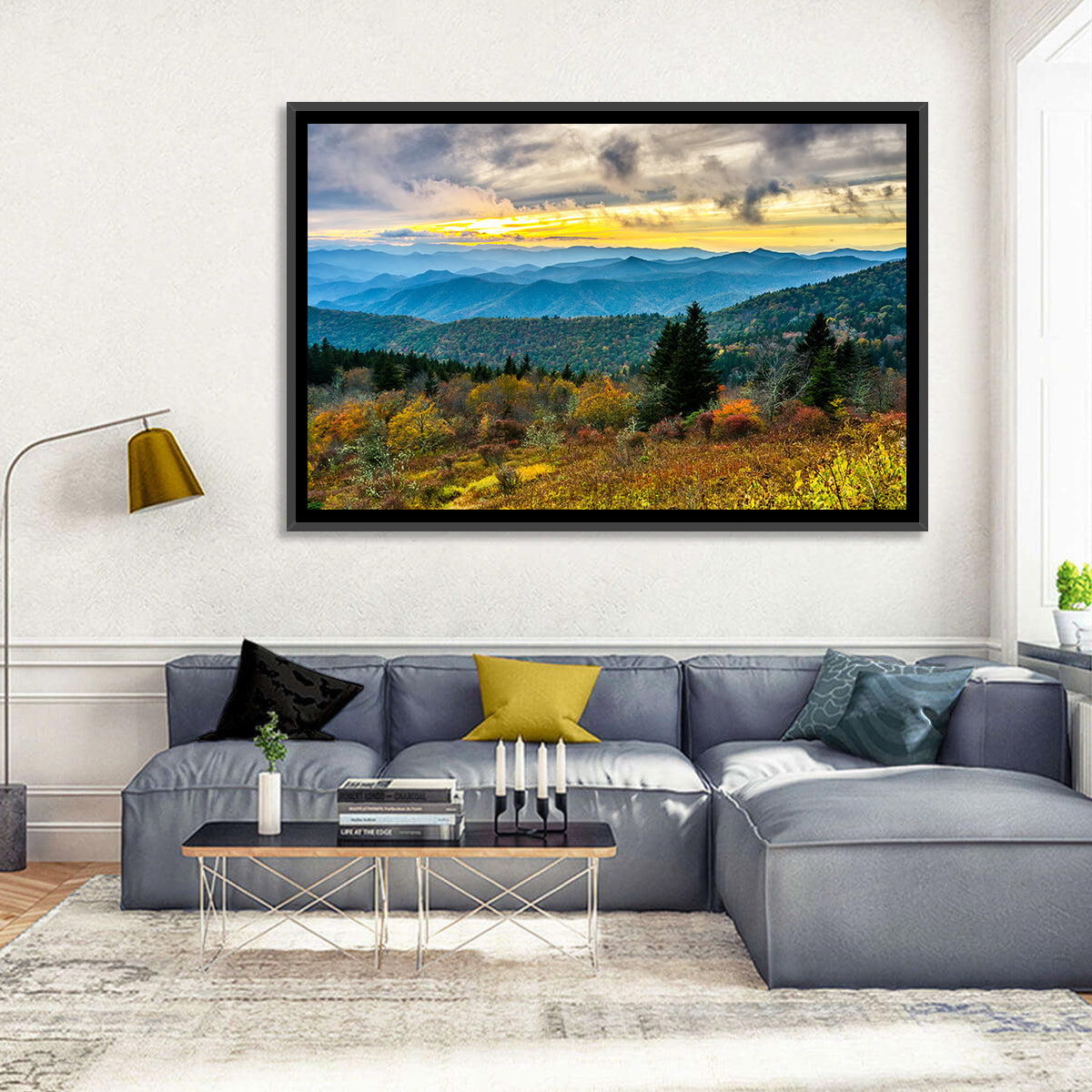 Cowee Mountains Sunset Wall Art in a room, landscape