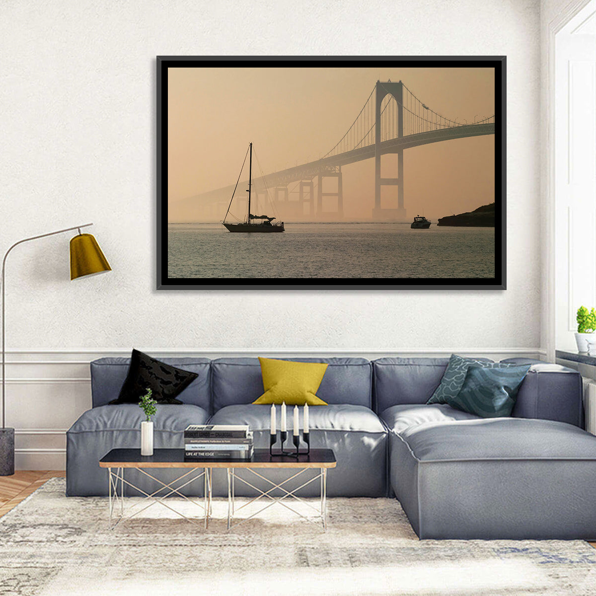 Newport Bridge in Golden Haze Wall Art in a room, landscape