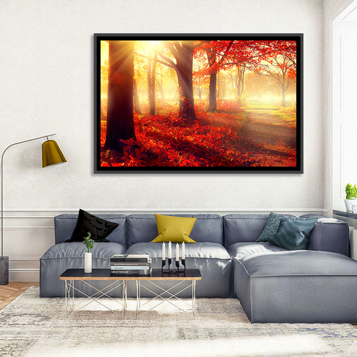 Sunlit Forest Path Wall Art in a room, landscape