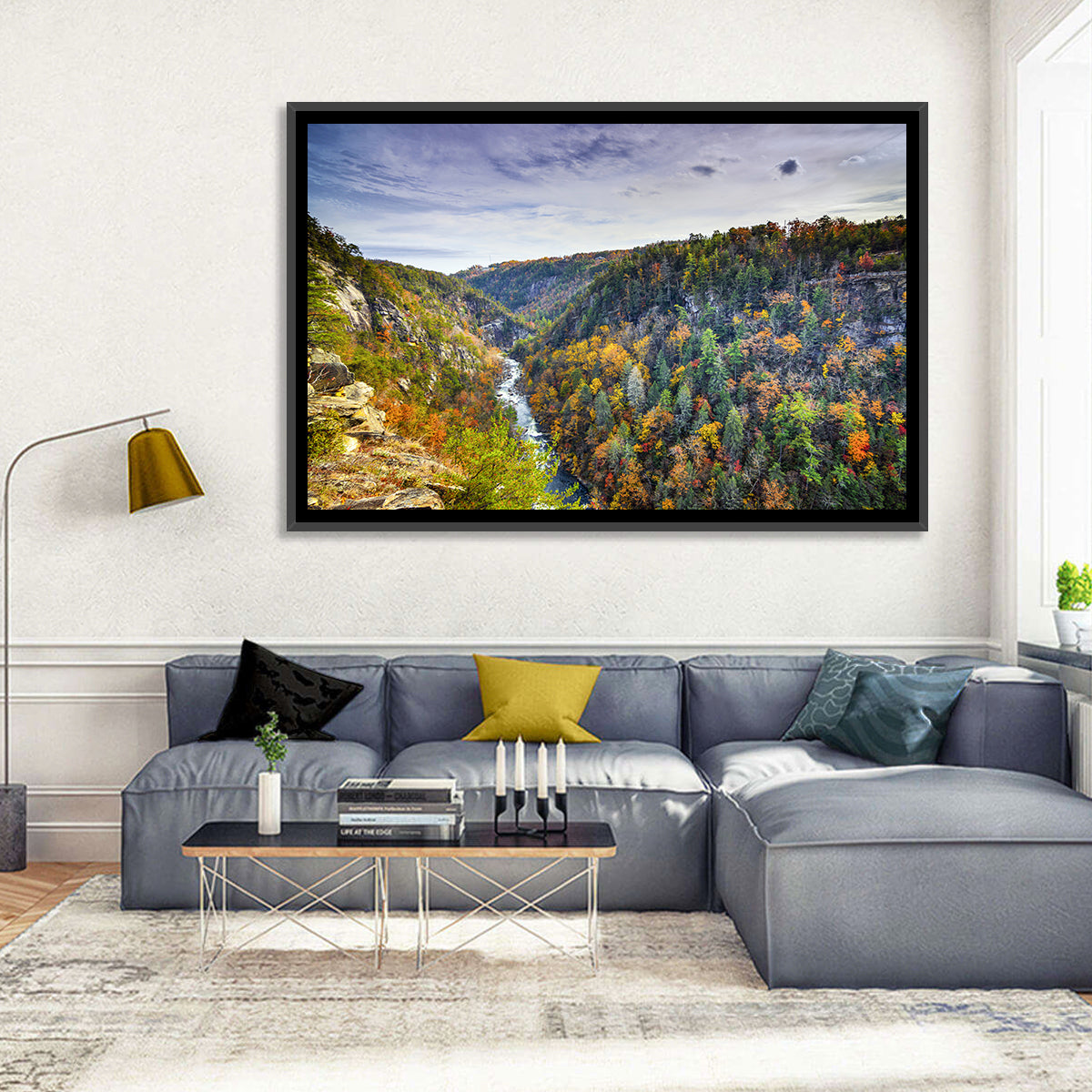 Tallulah Gorge Autumn Vista Wall Art in a room, landscape