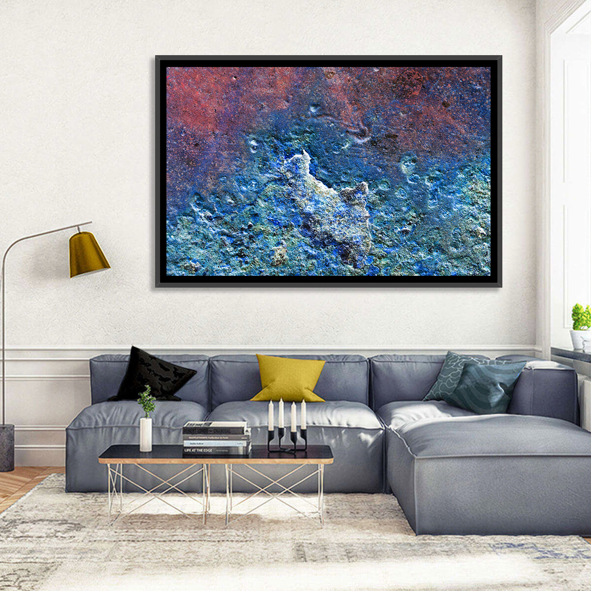 Weathered Metal Abstract Wall Art in a room, landscape