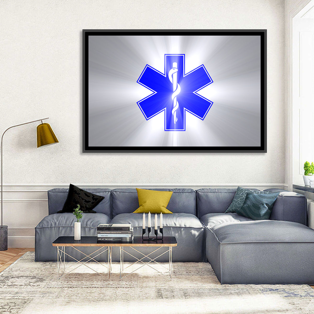 Star of Life with Rod of Asclepius Wall Art in a room, landscape