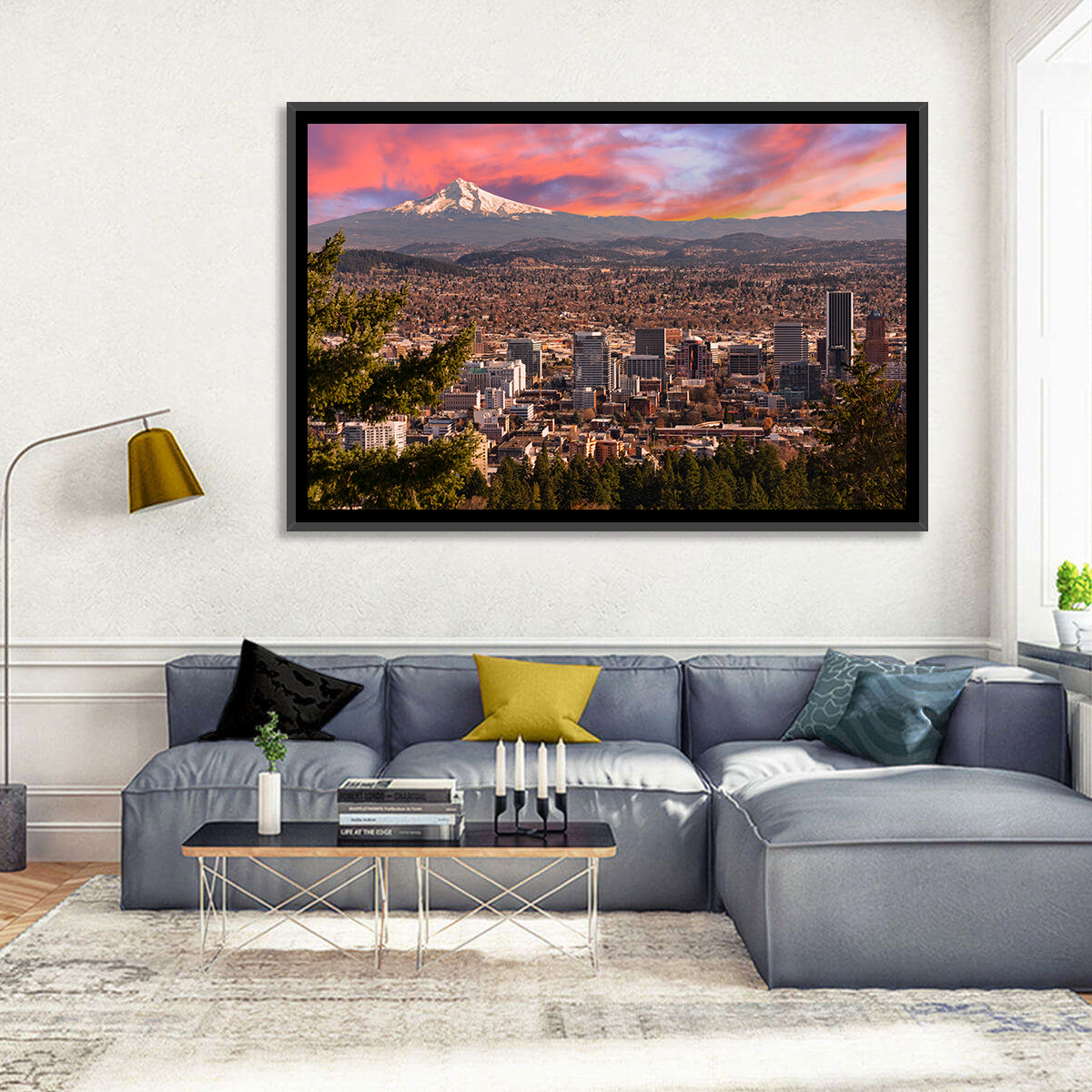Portland Skyline at Sunset Wall Art in a room, landscape