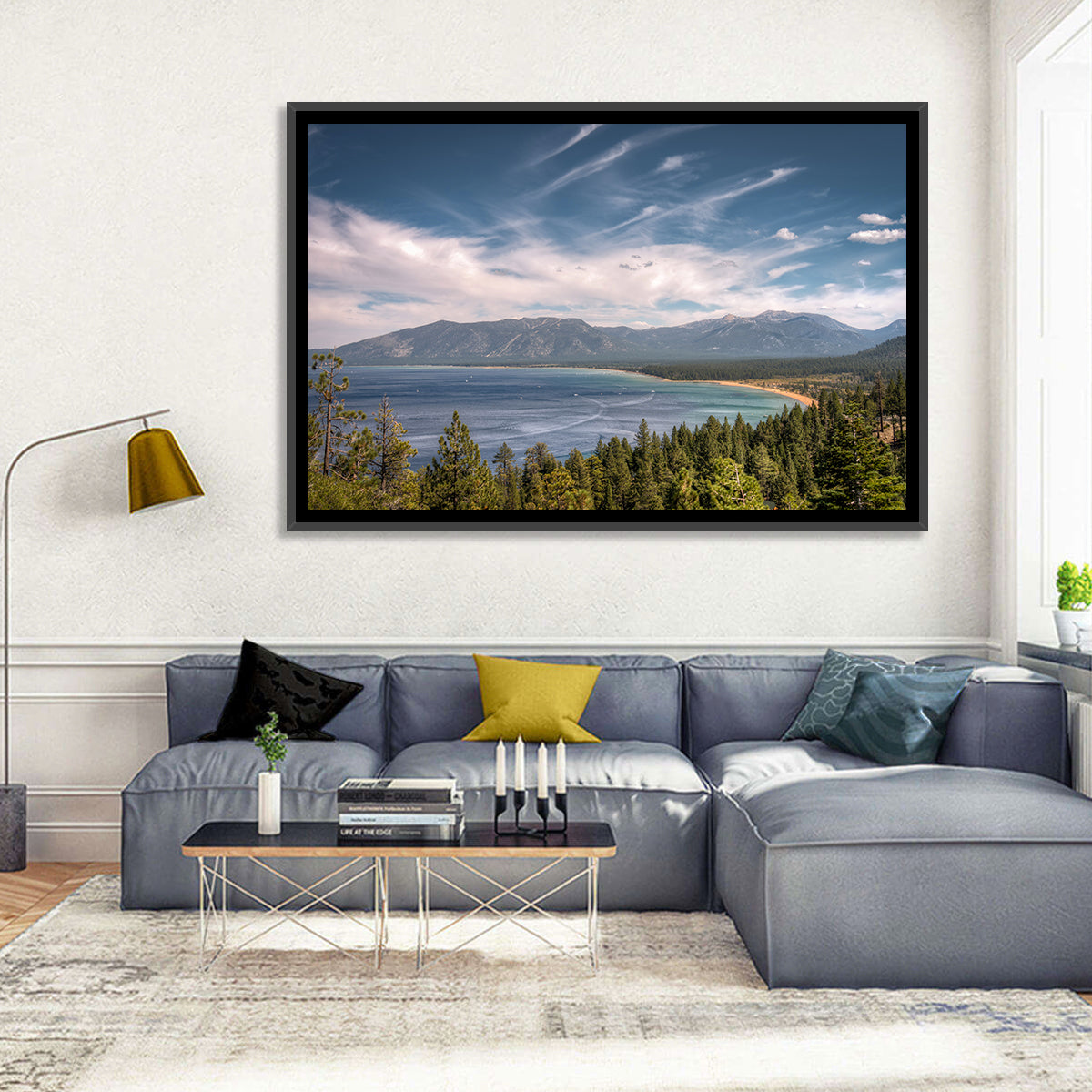 Pines Above a Blue Lake Wall Art in a room, landscape