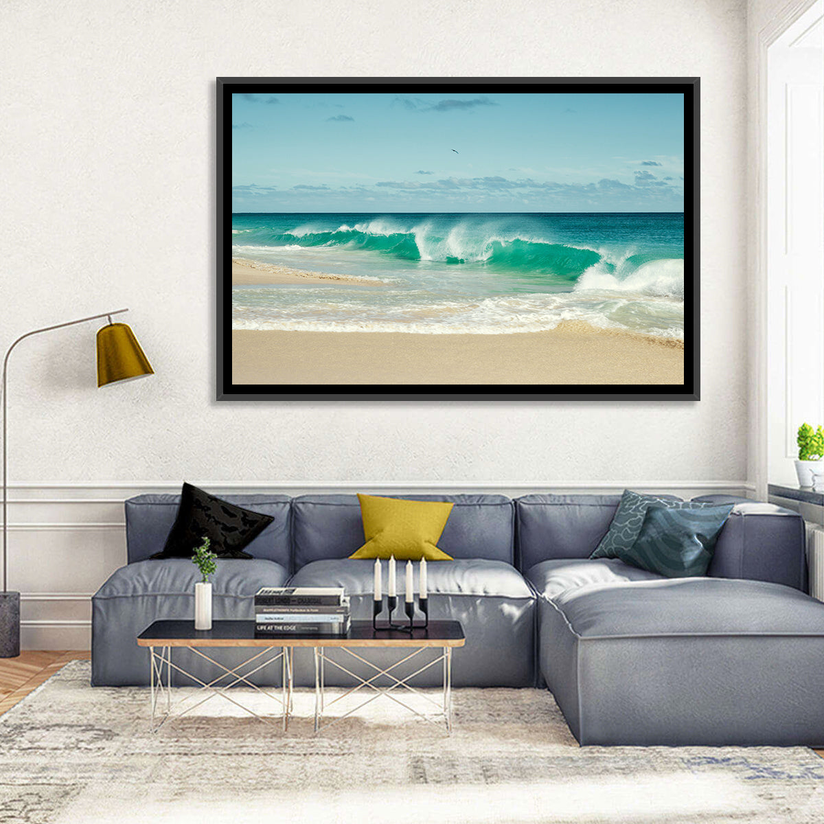 Turquoise Wave on Sandy Beach Wall Art in a room, landscape