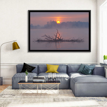 Misty Lake Sunrise with Fallen Tree Wall Art