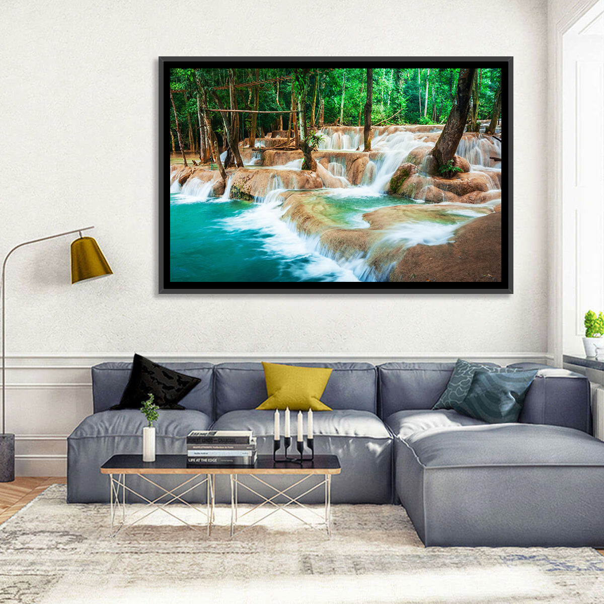 Kuang Si Waterfall Wall Art in a room, landscape
