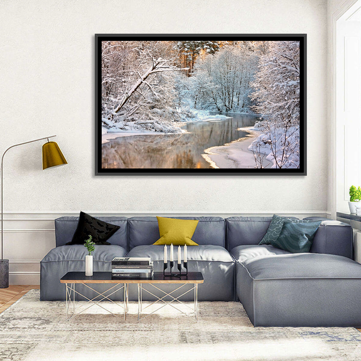 Snow-covered Stream at Golden Hour Wall Art in a room, landscape