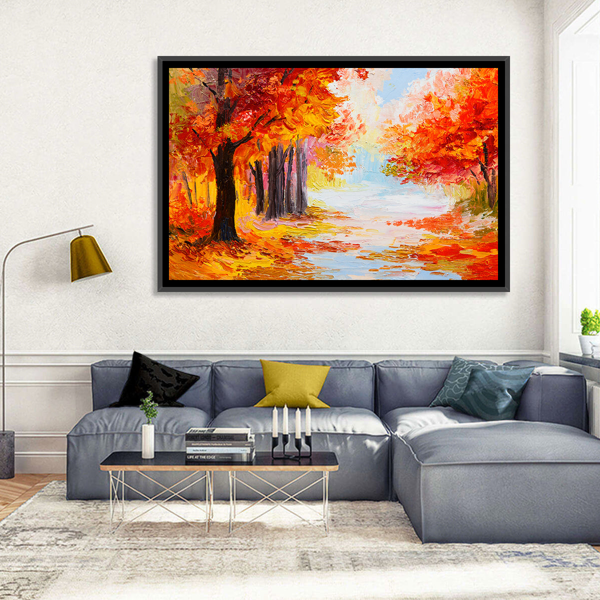 Autumn Forest Pathway Wall Art in a room, landscape