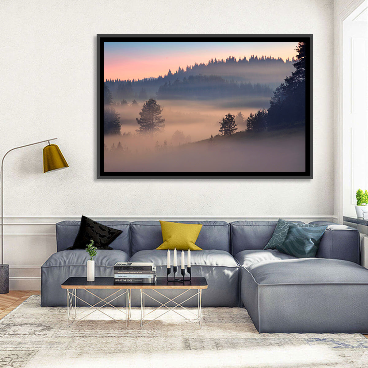 Misty Sunrise Forest Wall Art in a room, landscape