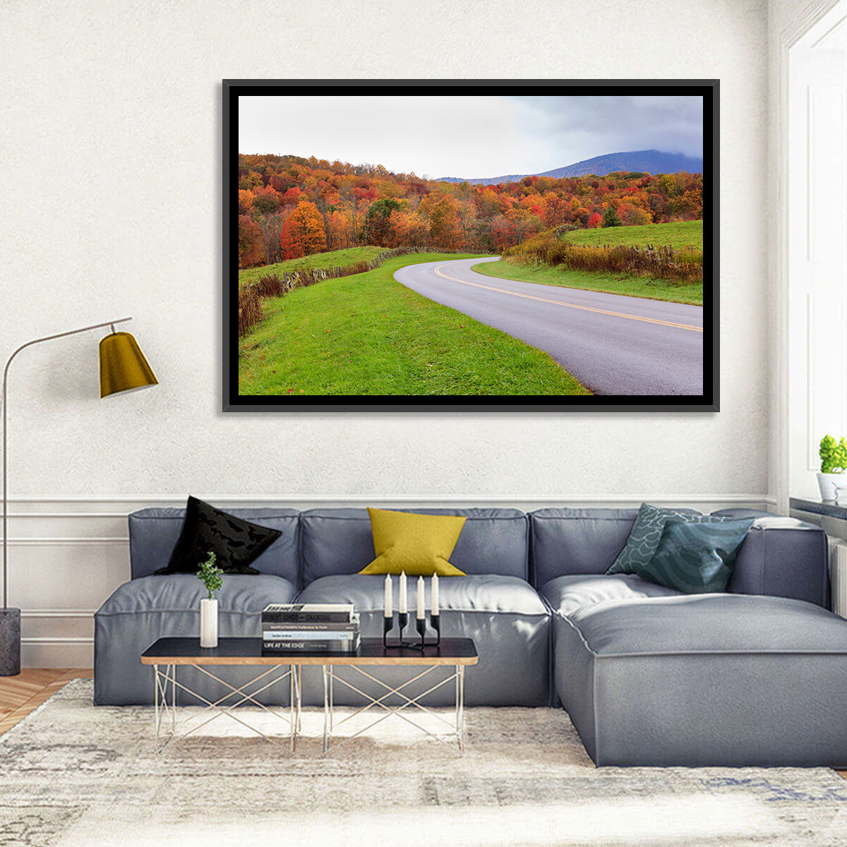 Curving Road Through Autumn Meadow Wall Art in a room, landscape