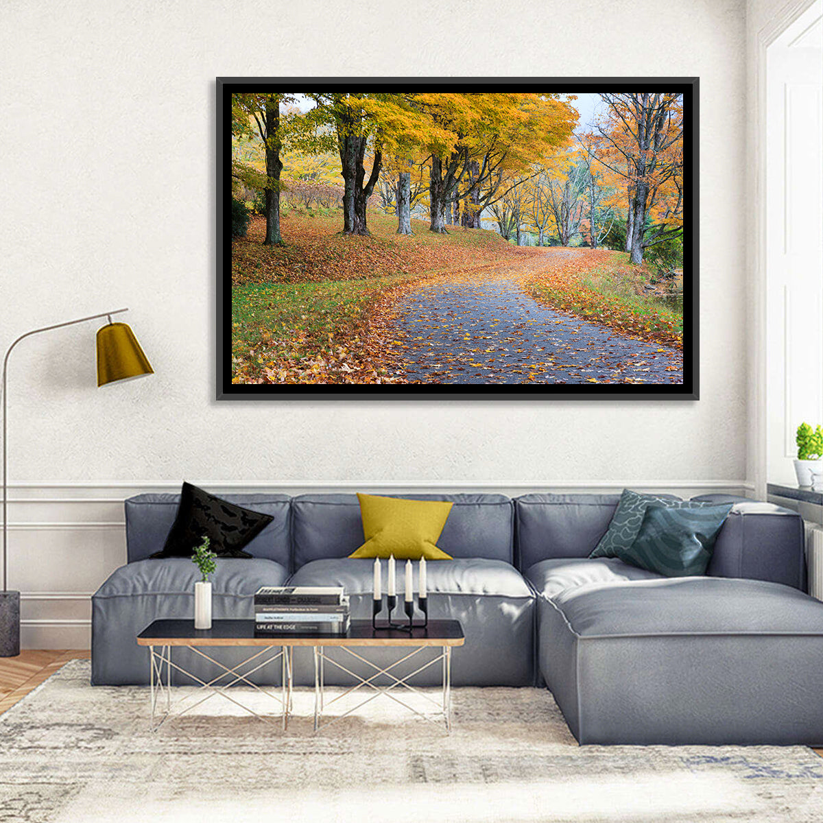 Autumn Road with Golden Canopy Wall Art in a room, landscape