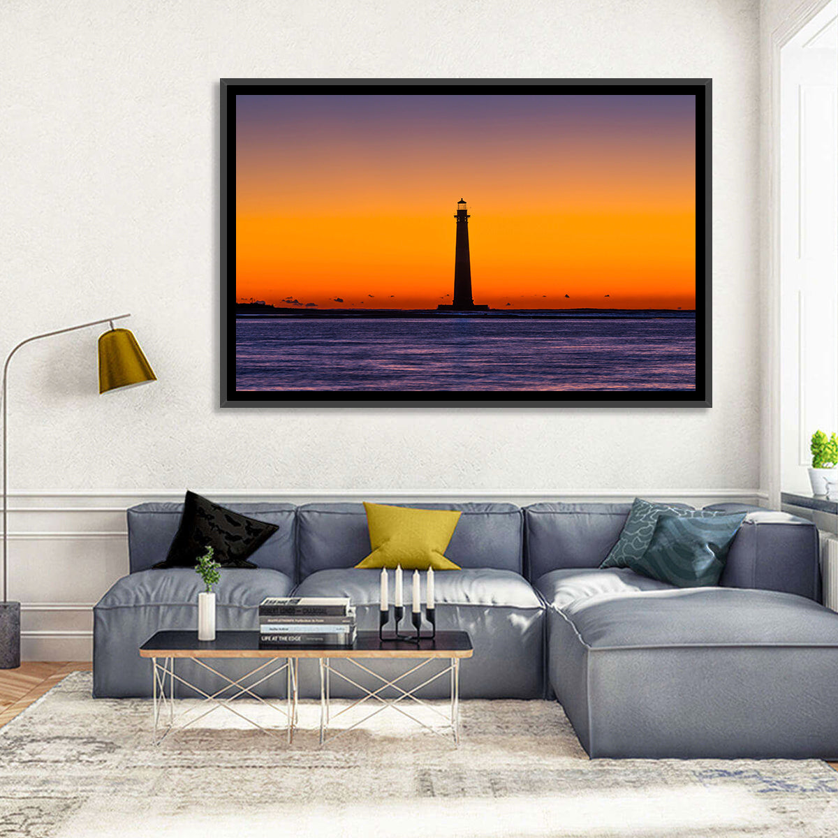 Minimalist Lighthouse Silhouette at Twilight Wall Art in a room, landscape