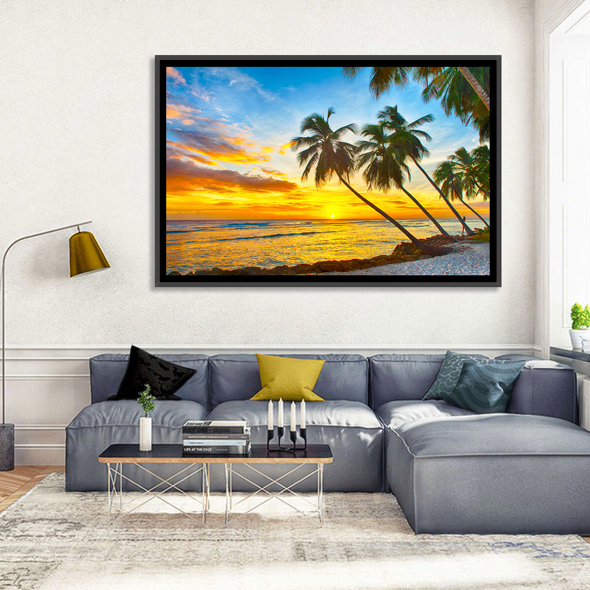 Palm Island Sunset Wall Art in a room, landscape