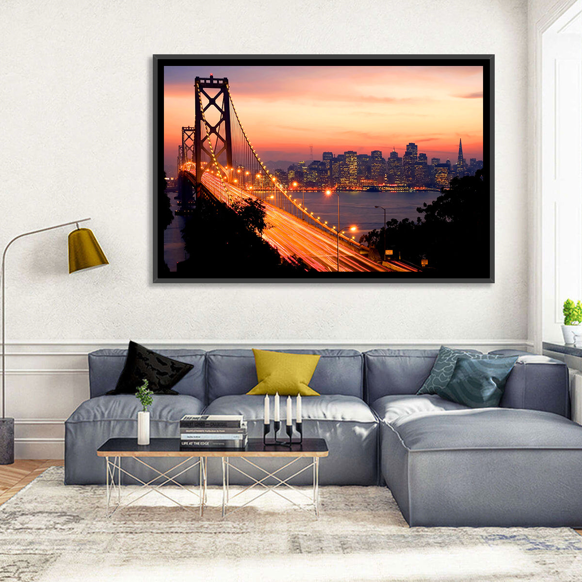 Bay Bridge Light Trails at Sunset Wall Art in a room, landscape