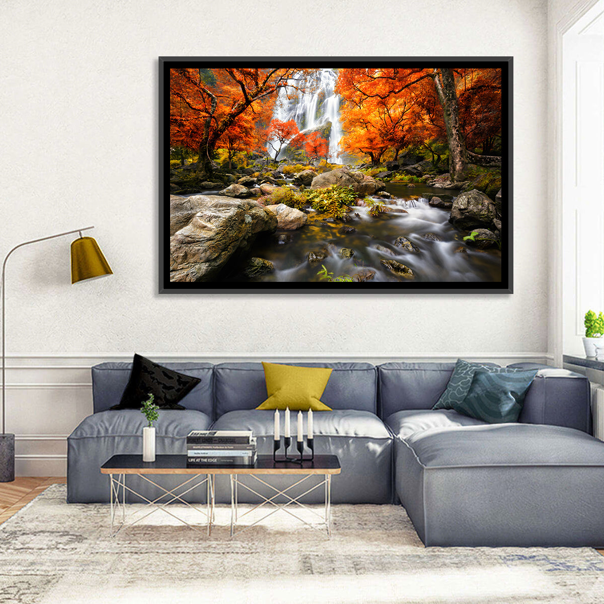 Autumn Forest Waterfall Wall Art in a room, landscape