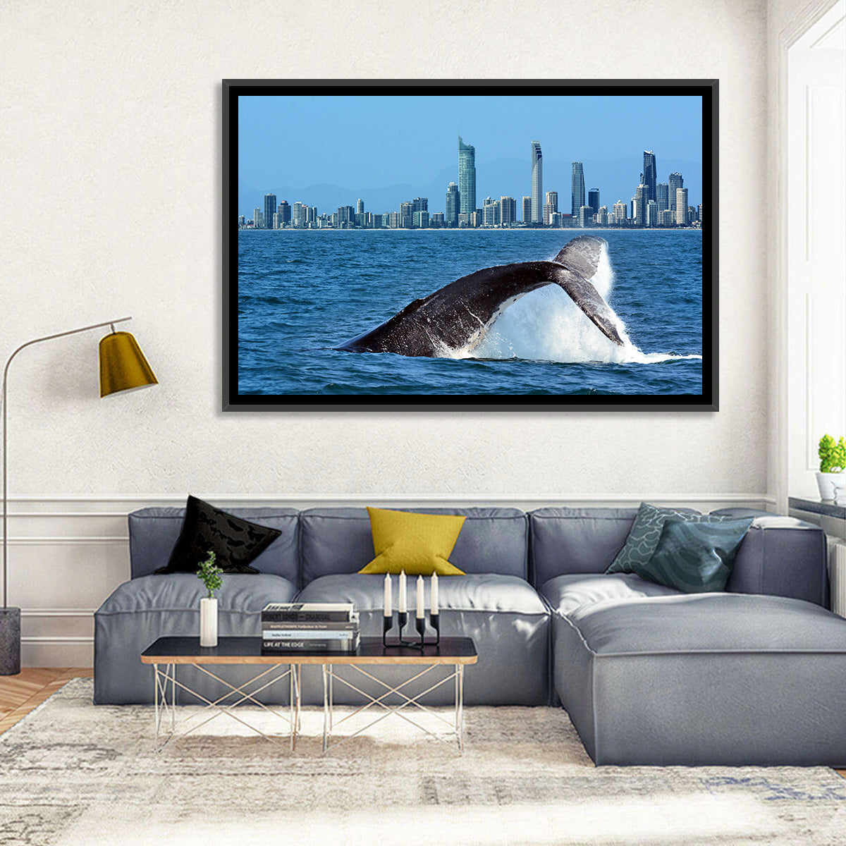Gold Coast Whale and Skyline Wall Art in a room, landscape