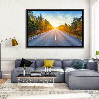 Sunlit Autumn Forest Road Wall Art