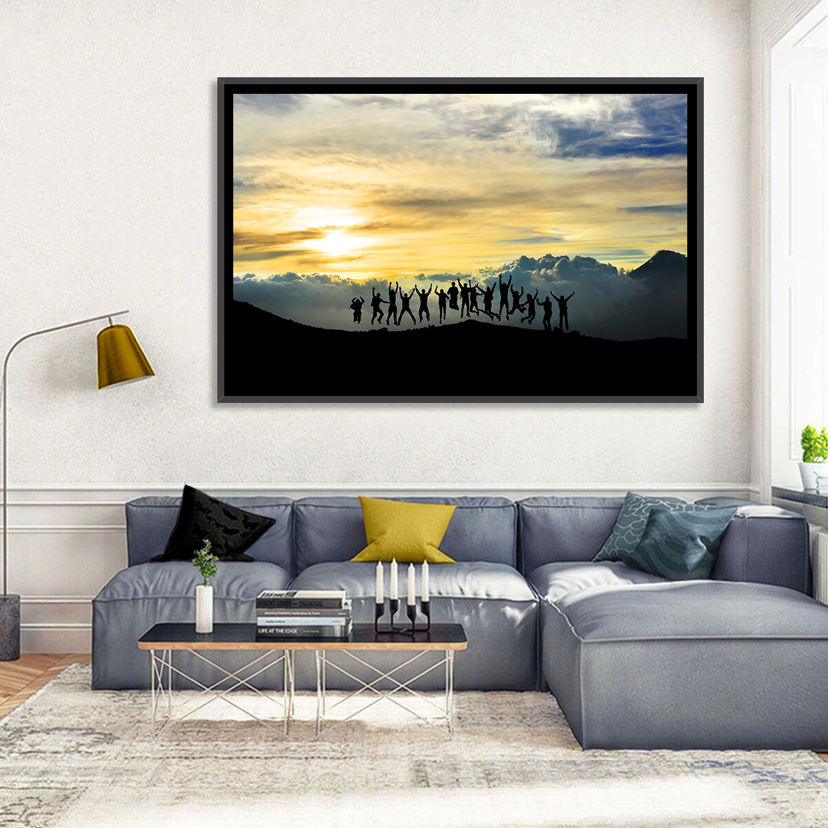 Golden Team Silhouettes at Sunset Wall Art in a room, landscape