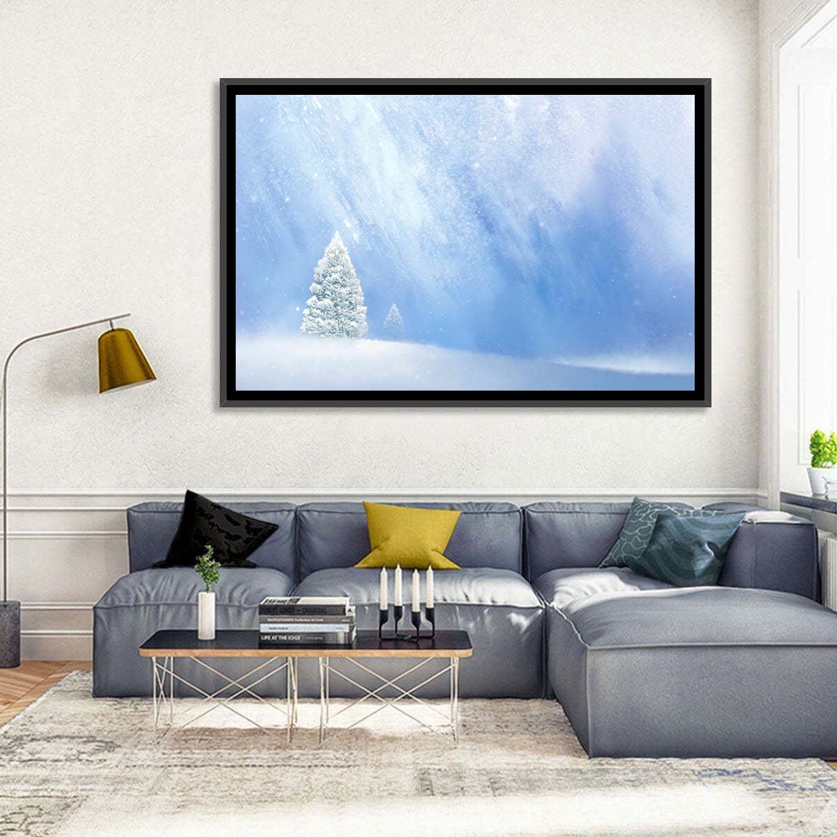 Two Snowy Evergreens Wall Art in a room, landscape