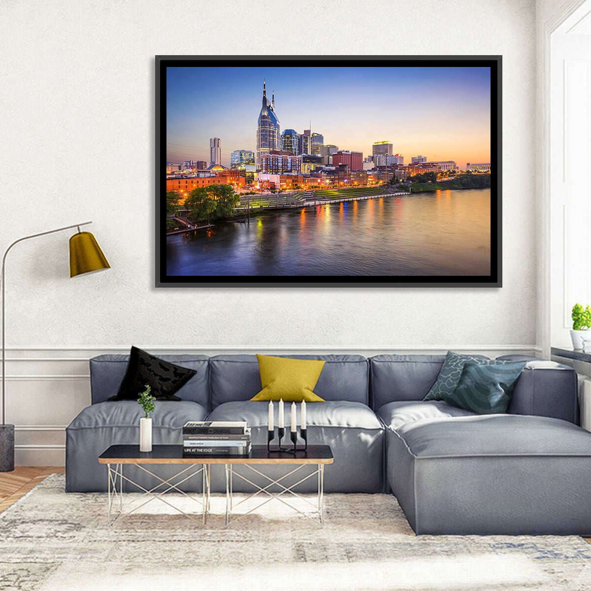 Nashville Skyline Over the Cumberland River Wall Art in a room, landscape