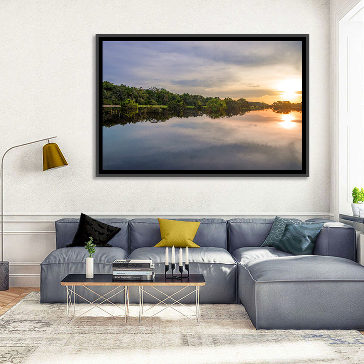 Amazon River Sunset Reflection Wall Art in a room, landscape