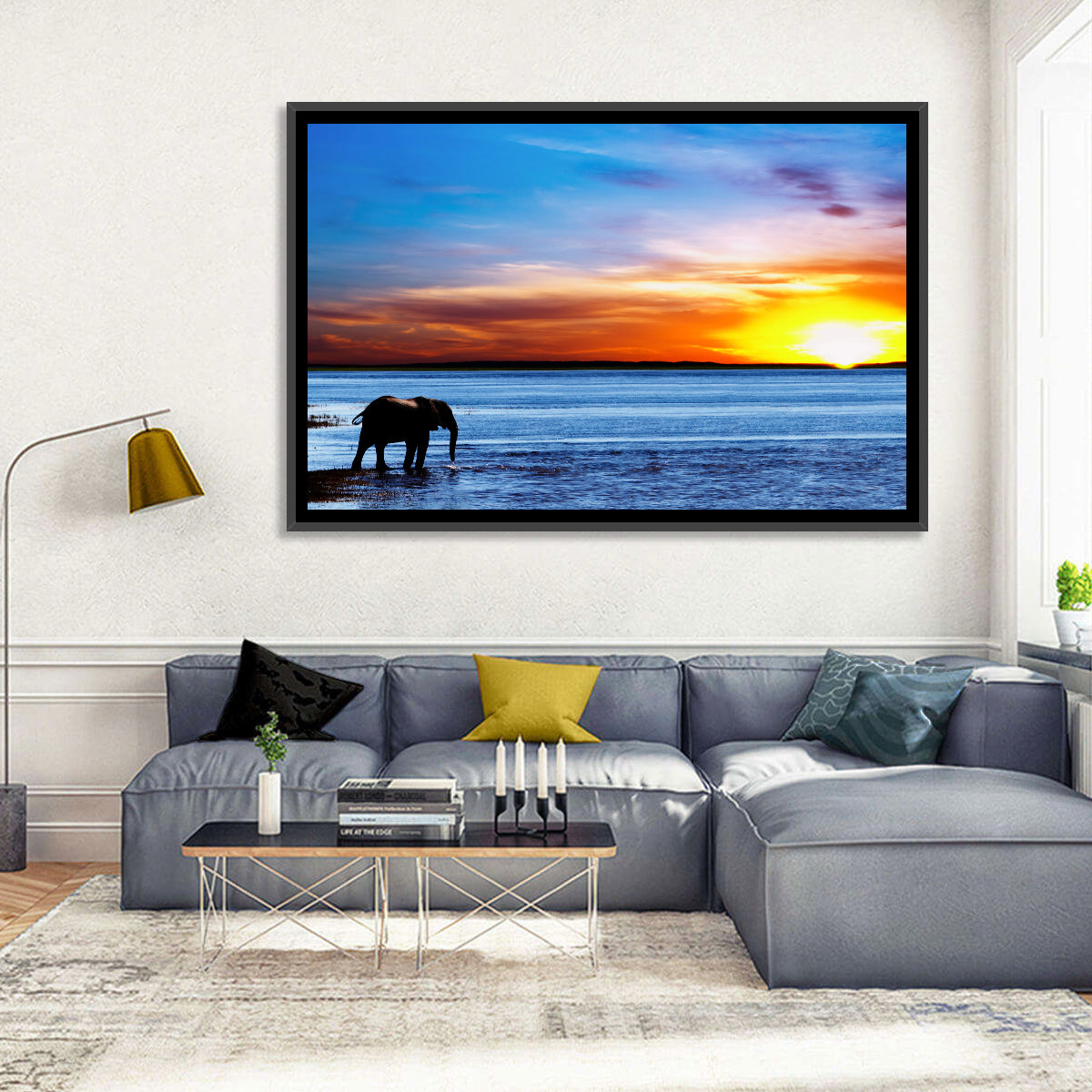 Elephant Silhouette at Beach Sunset Wall Art